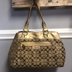 Tan, brown, and gold coach purse